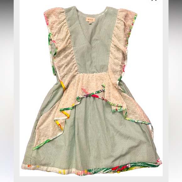 KOCH Green and White Seersucker Ruffle Dress Multicolor Trim HARD TO FIND - Picture 1 of 7